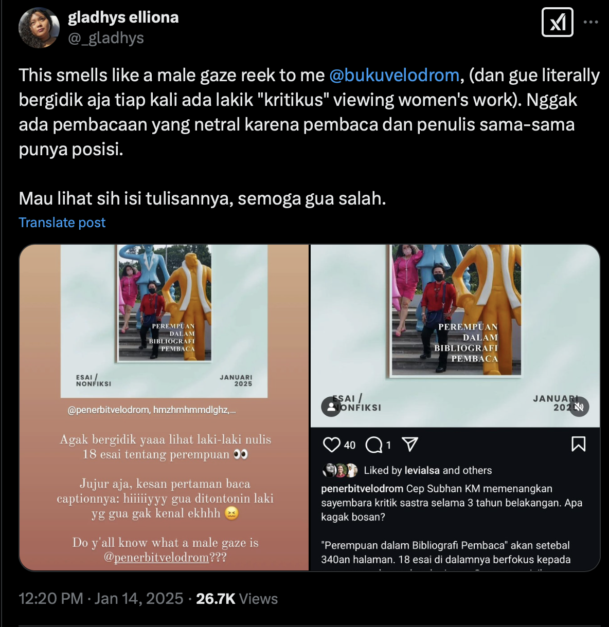 screenshot tweet Gladhys komentar tentang buku terbaru Velodrom