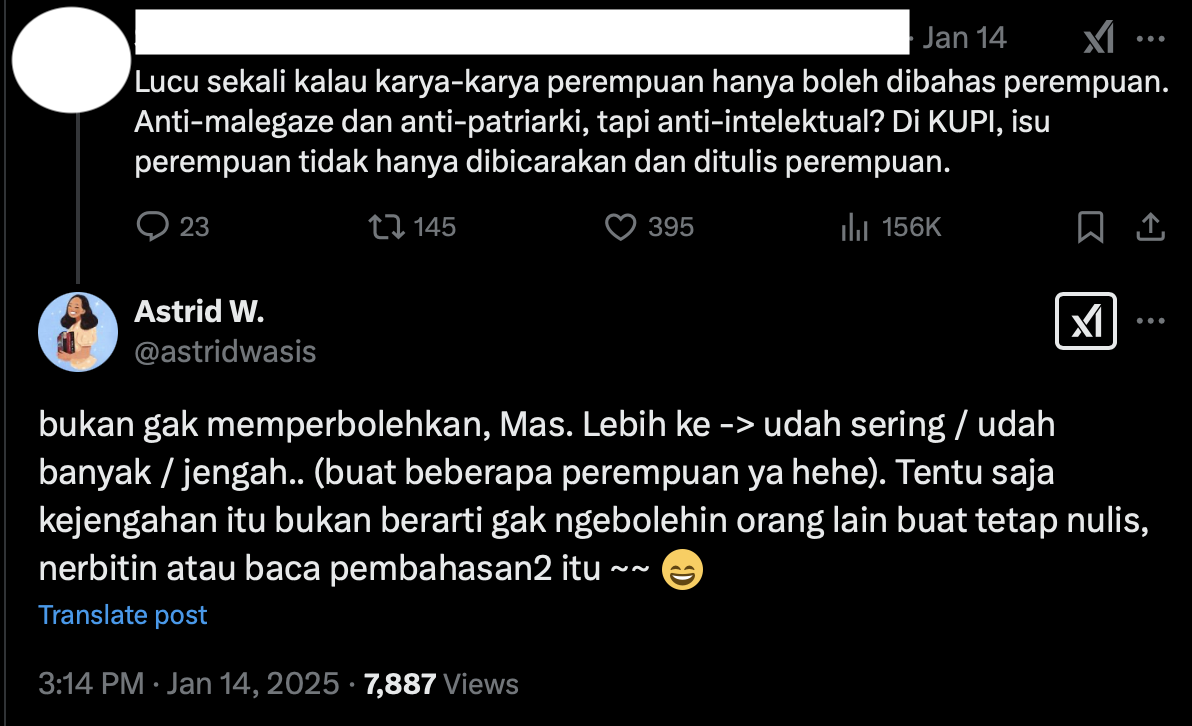 screenshot tweet responsku terhadap seseorang yang melabelkan Gladhys anti-intelektual